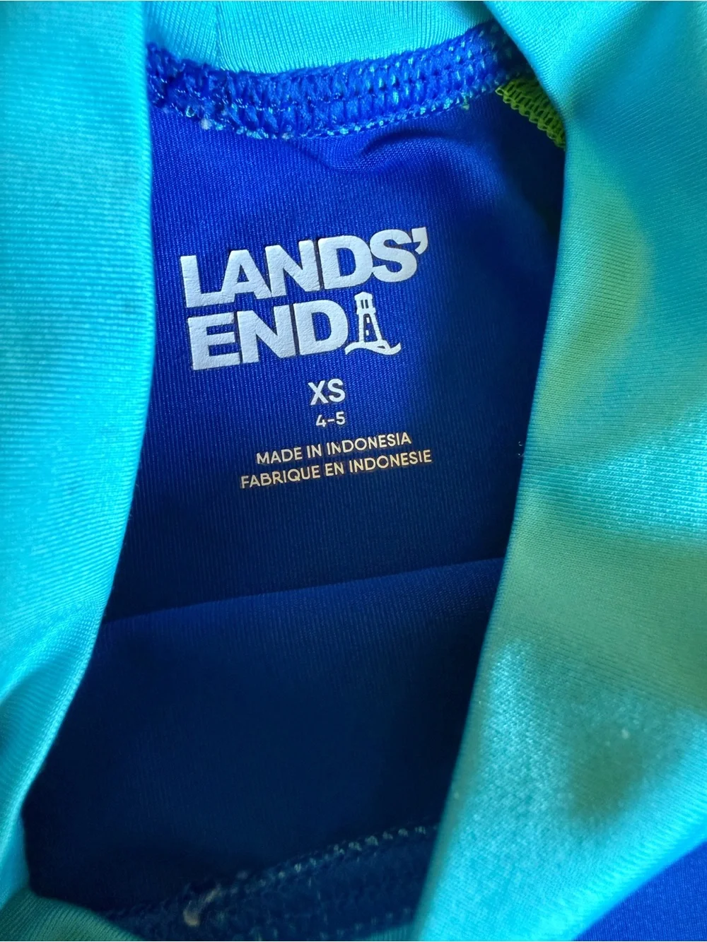Land’s End Kids Blue and Neon Yellow Short-Sleeve Swim Shirt rash guard XS